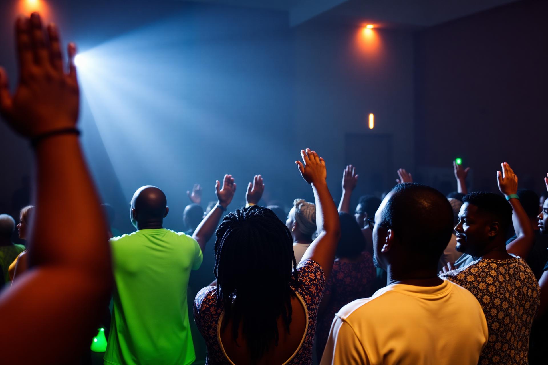 Church Xtended congregation worshipping with hands raised